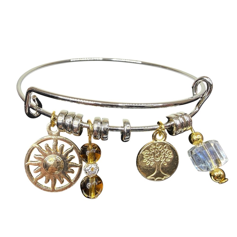 Fashion Bangle Bracelet Sun Tree of Life Charms Clear & Brown Beads Silver Gold